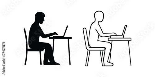 Silhouette and outline of a person sitting at a desk working on a laptop computer. person sitting a desk working icon.