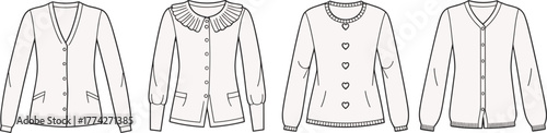 Fashion illustration of women’s cardigans front view, button-down styles with neckline and sleeve variations, garment design template, vector clothing flat sketch