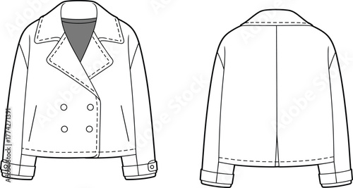 Classic double-breasted women’s jacket fashion flat, front and back technical sketch, stylish coat design template, apparel pattern illustration for designers, vector