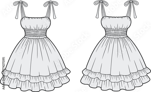Smocked ruffle dress fashion sketch, bow strap sleeveless design, gathered bodice and layered skirt, front view illustration, garment construction template, vector art