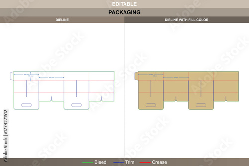 Four pack carrier display tray box with handle dieline designed through exact vector composition improving printing setup and packaging handling die line control builds strong base