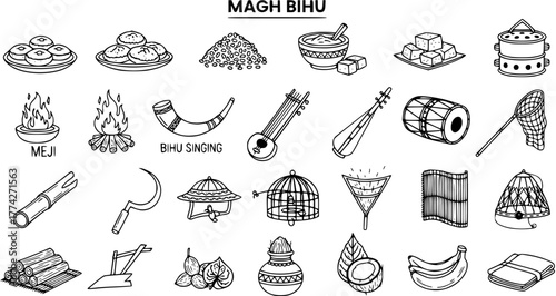 Magh Bihu Assamese traditional elements doodle set depicting cultural food, musical instruments, bonfires, agricultural tools, and local symbols in line art style.