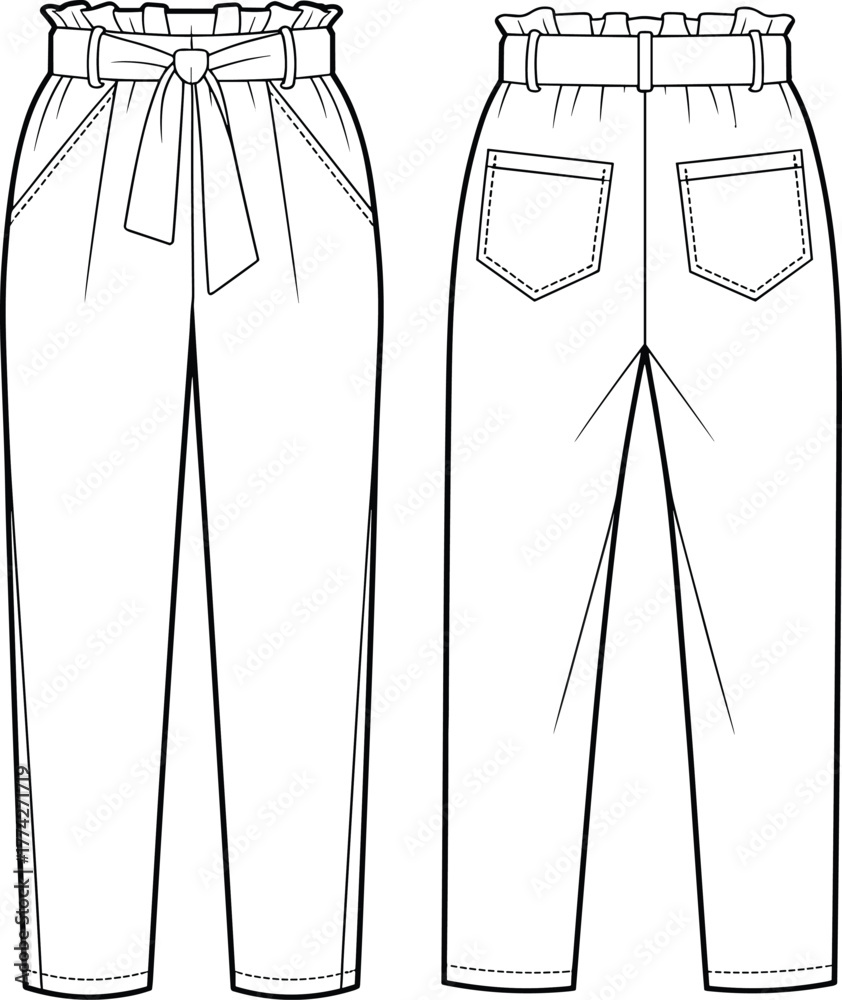 Φωτογραφία Flat fashion sketch of paperbag waist pants with belt, front and back views, tec