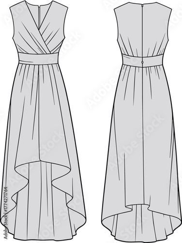 Sleeveless high-low dress fashion sketch, wrap bodice with V-neckline, pleated skirt, front and back view, garment construction template, vector illustration