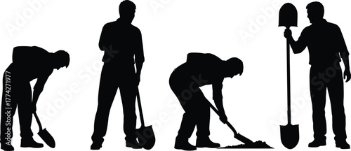 Construction workers silhouettes with shovels, men digging and standing, laborer action poses vector illustration, industrial job scene, outdoor manual work art design