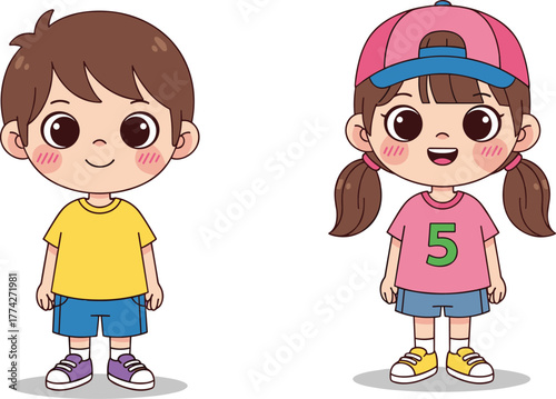 Cartoon children, boy and girl, colorful outfit, smiling, standing side by side, playful pose, vector, illustration, happy, cute, character, white kers, al