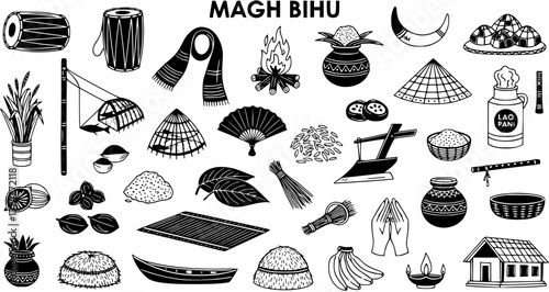 Magh Bihu Festival Icons Set: Traditional Assamese Harvest Celebration Elements, Cultural Symbols, Food, Music, and Rural Life Vector Illustration
