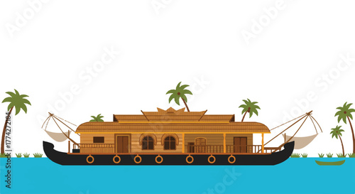 Kerala traditional houseboat scene, known as Kettuvallam, presented as a vibrant 2D flat vector illustration isolated on a clean white background.