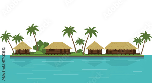 Serene Kerala backwaters flat 2D vector illustration, depicting picturesque traditional huts and dense tropical palm trees lining the calm blue water channels of South India.