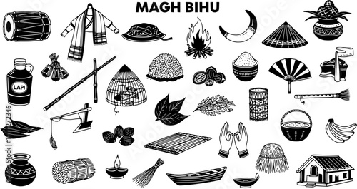 Assamese Magh Bihu Festival Hand-Drawn Icons Set: Traditional Culture, Harvest Celebration Elements, Food, Attire, Instruments  Ritual Items