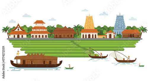 Colorful flat 2D vector illustration showcasing the traditional architecture and lush tropical natural beauty of Kerala, India, set against a clean white background.