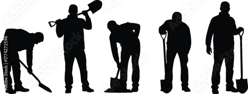 Construction workers silhouettes with shovels, men digging and standing, laborer posture vector illustration, industrial job concept, manual work, outdoor occupation art design