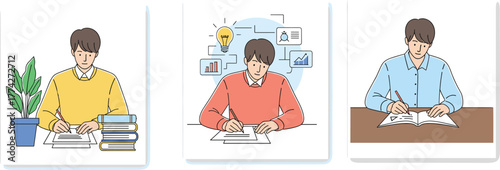 Cartoon people at desks, working characters, study scene, cat companion, path concept, formal attire, reading, writing, focus, workspace