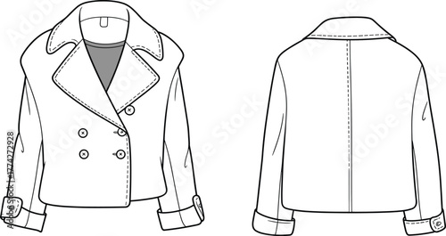 Double-breasted women’s jacket fashion flat, front and back technical sketch, modern outerwear coat template, clothing design illustration, vector apparel pattern for designers