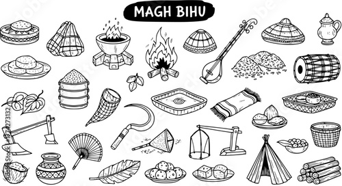 Magh Bihu Festival Hand-Drawn Elements Set: Traditional Assamese Harvest Celebration Doodles including Food, Tools, Music, and Cultural Items