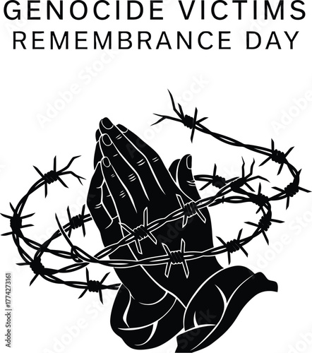 Genocide victims remembrance day illustration with praying hands and barbed wire