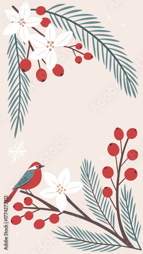 Frosted pine and berry floral frame in pastel colour vector minimal style