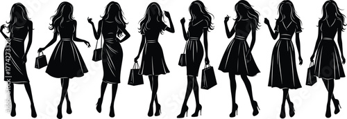 Elegant women silhouettes, fashion poses, stylish female figures, black dress vector, high heels, handbag, beauty illustration, modern style, graceful posture