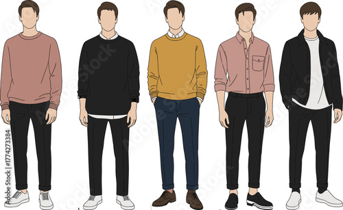 Casual male fashion illustration, faceless men in trendy outfits, minimal style, modern clothing design, streetwear concept, vector art