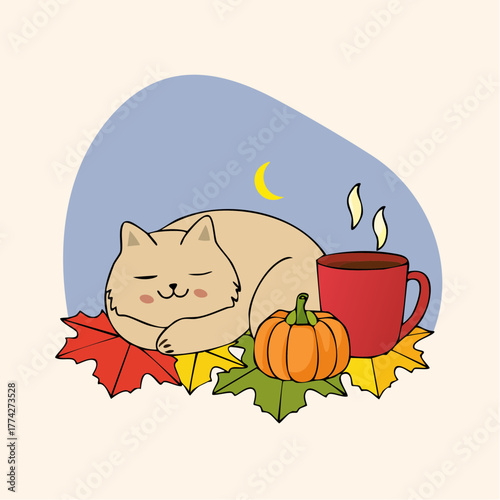 a very simple vector of sleeping cat on fallen autumn leaves with pumpkin and a cup of hot tea