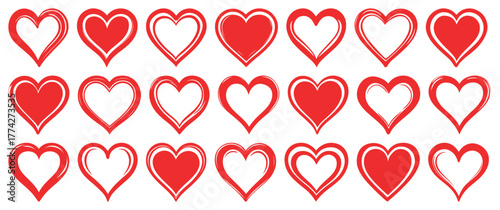 Heart shapes collection, heart icons over transparent background vector set. Red hearts set, love, romance or valentine's day red heart. Heart vector icons. Artistic heart stroke outline icon marriage