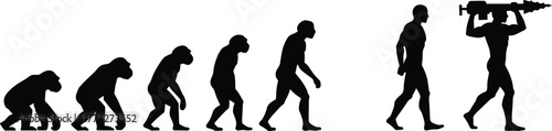 Evolution of man silhouette, progression from ape to modern human holding futuristic weapon, concept of human development and technology transformation vector illustration