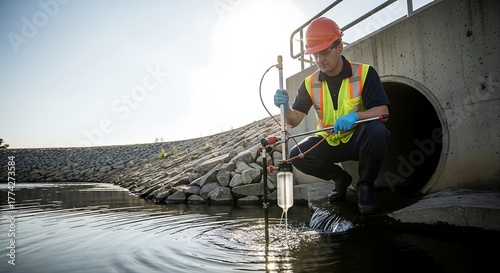 Sterile Water Sampling at Outlet Industrial Site Photography Outdoor Ground Level Environmental Monitoring