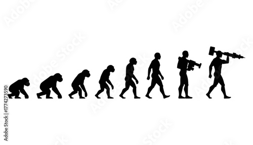 Evolution of mankind concept, human progress from ape to modern soldier with weapon, social commentary illustration, technology and violence evolution, vector silhouette