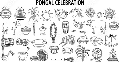 Pongal Celebration Doodle Line Art Set: Traditional Indian Harvest Festival Symbols  Elements like Sugarcane, Cow, Pots, and Sun Icons