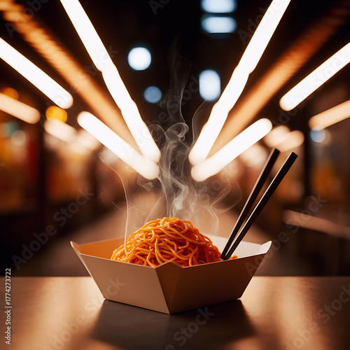 Steaming Box of Street Style Noodles with Chopsticks