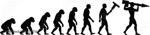 Evolution of man from ape to modern worker holding drill machine, human development progress concept, silhouette vector illustration of technological advancement history