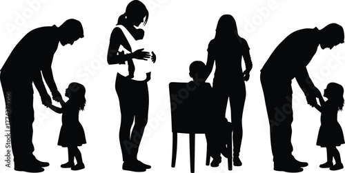 Family silhouette illustration of parents and children bonding, father with daughter, mother with baby, parenting concept, happy family moments vector art