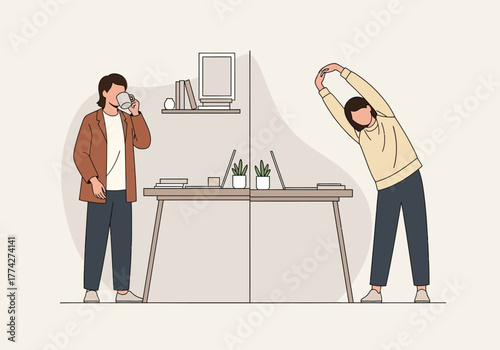 Office Wellness Drinking and Stretching at Work.