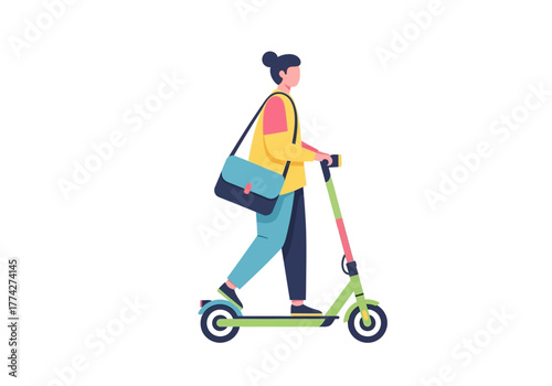 Woman Riding Electric Scooter with Bag Commuting.