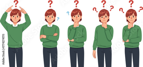 Confused man illustration, thinking poses, question marks, problem solving, decision making, puzzled expression, emotional gestures, uncertainty concept, cartoon style, green sweater