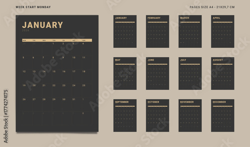 2026 Calendar Planner Set of new Template 12 Monthly Page for Corporate or Personal use. Vector layout grid vertical of wall or desk organizer - black dark color. Week start Monday for print. Pages A4