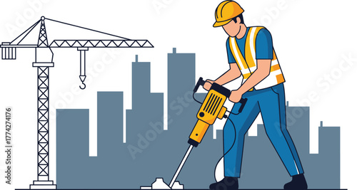 Construction worker using jackhammer, safety gear, urban development, city background, crane, labor, industrial site, hard hat, reflective vest, boots