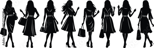 Fashion women silhouettes, elegant female figures, shopping ladies vector collection, stylish poses with handbags, modern fashion illustration for design projects
