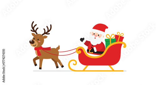 Cheerful Santa Claus riding a sleigh pulled by a reindeer loaded with gifts.