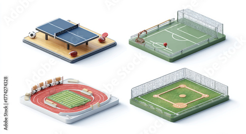 Isometric view of a variety of sports fields and equipment