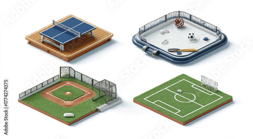 Isometric view of various miniature sports fields and table tennis setup