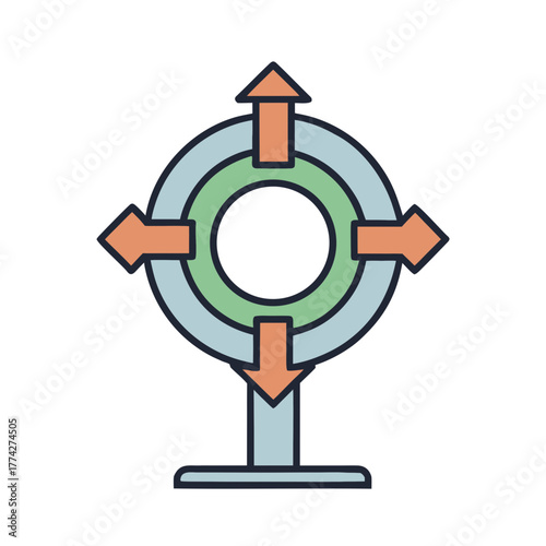 Abstract circular diagram with four outward pointing arrows indicating direction