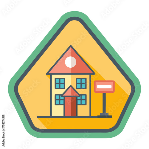 Stylized flat icon of a yellow two story house with a red roof and a stop sign