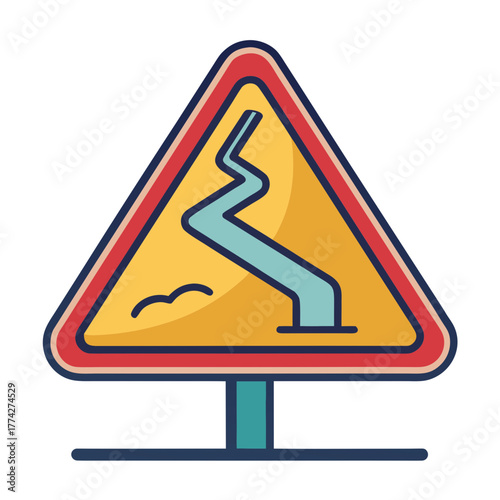 Warning sign for winding road ahead with potential for slippery conditions