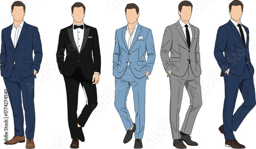 Formal suit illustration, five stylish male characters, diverse suit colors, fashion design, menswear collection, elegant outfit, vector character set