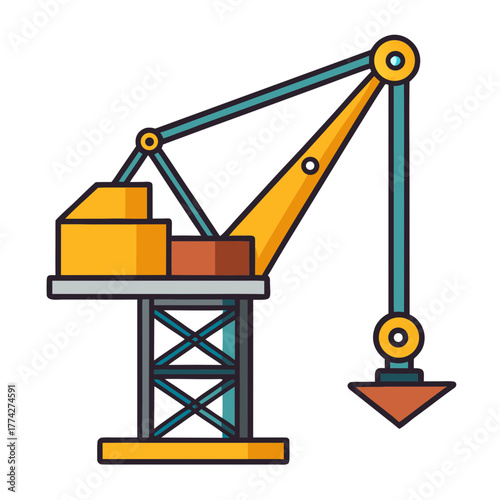 Colorful flat design illustration of a construction tower crane lifting a load