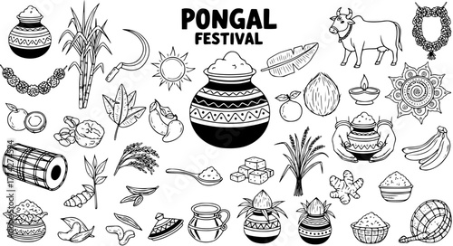 Pongal Festival Doodle Elements. Hand-drawn collection of traditional symbols: sugarcane, rice pots, cow, sun, fruits, ingredients, and decorations. Black and white outline sketch