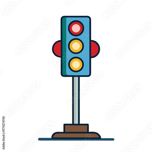 A stylized traffic light with red yellow and green lights illuminated on a pole