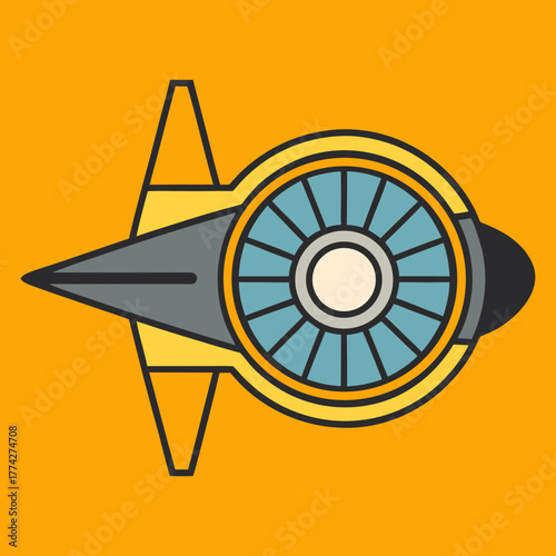 Stylized retro futuristic spaceship with a jet engine and sharp nose on orange background