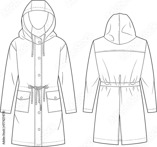 Front and back technical fashion flat sketch of women hooded long coat with drawstring waist, flap pockets, and detailed stitching design, outline vector illustration